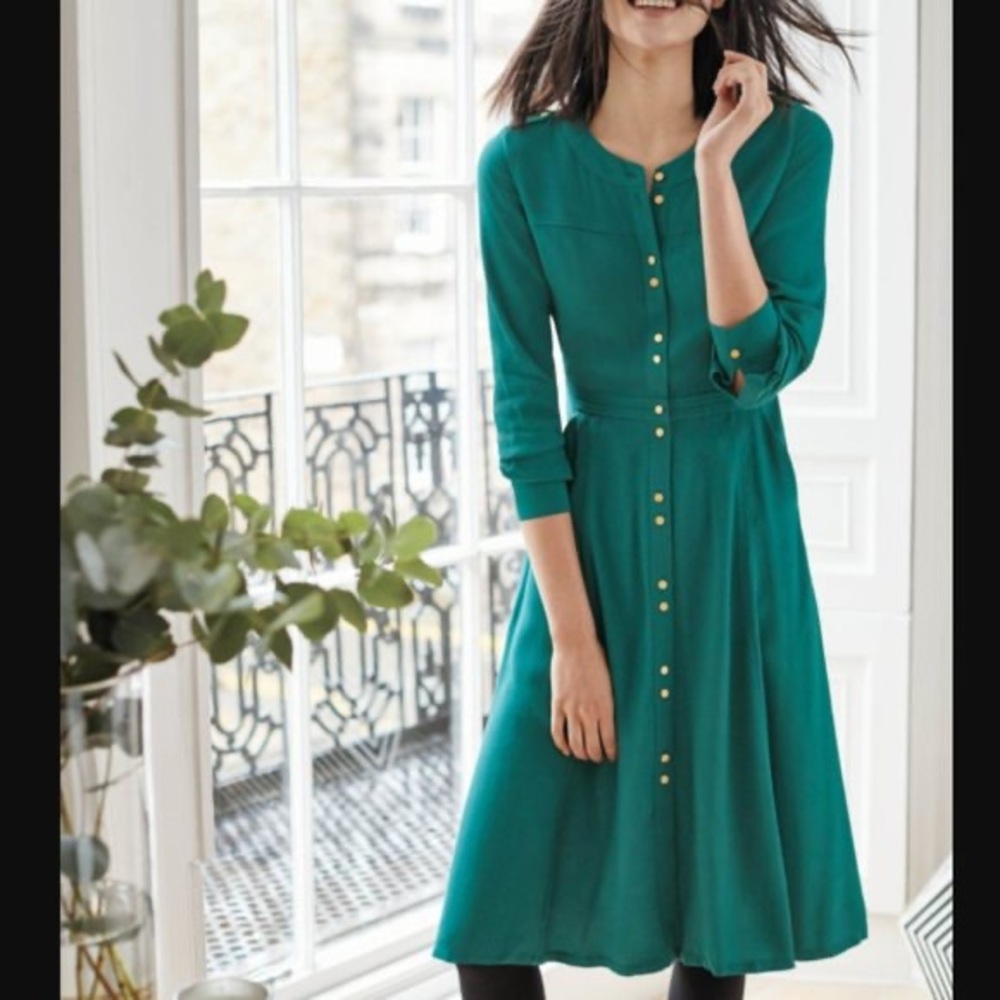 Ashbourne Dress Green Long Sleeve Gold Button Front Midi